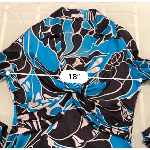 Vtg 90s Y2k Cache Silk Blend Blue Black Artsy Long Sleeve Blouse Cross Front L - Picture 9 of 10